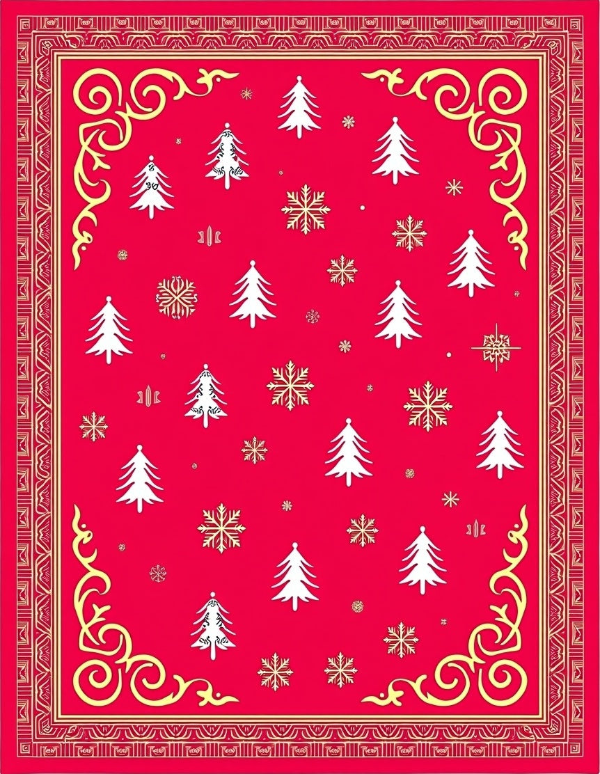 Crimson Christmas Trees Snowflakes Border Rug
