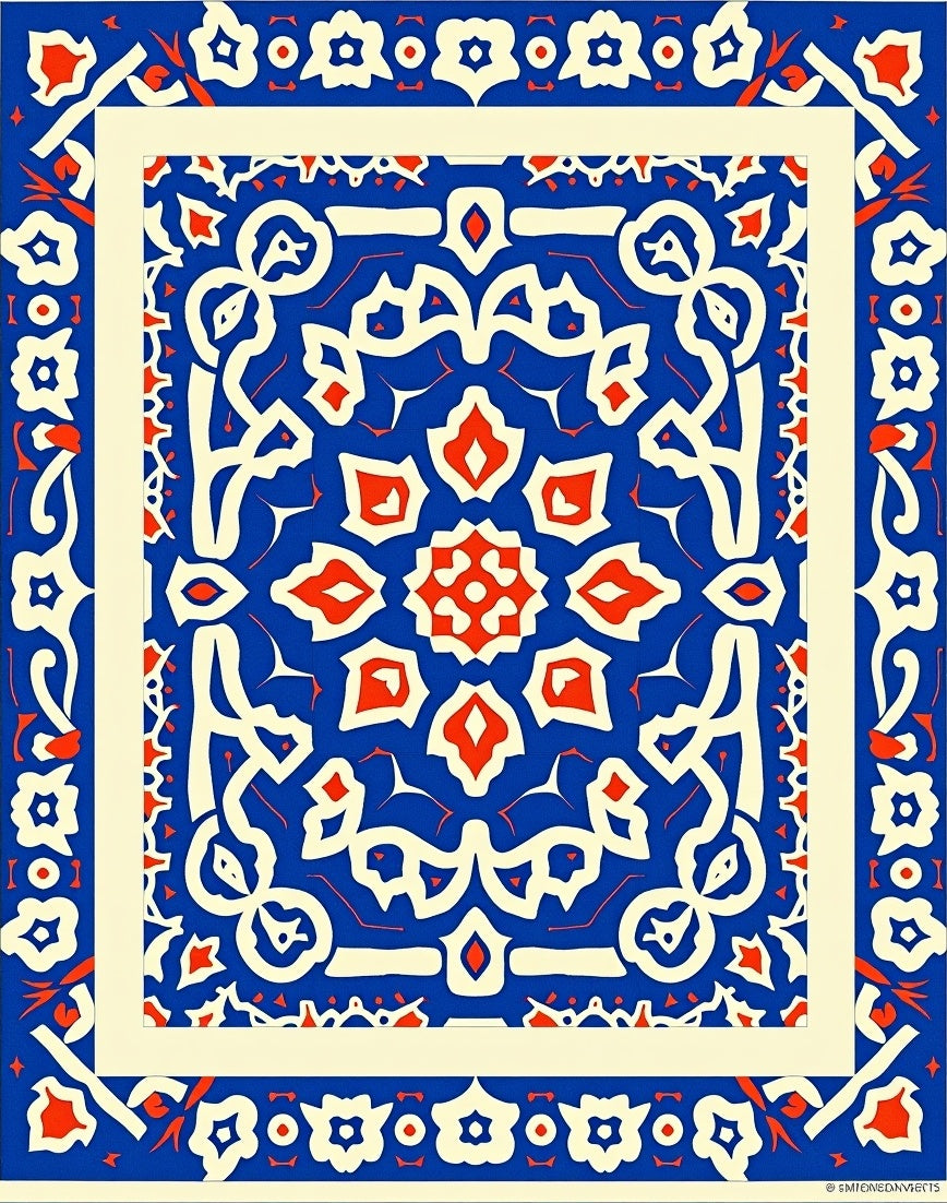 Intricate Blue Red Floral Medallion Rug