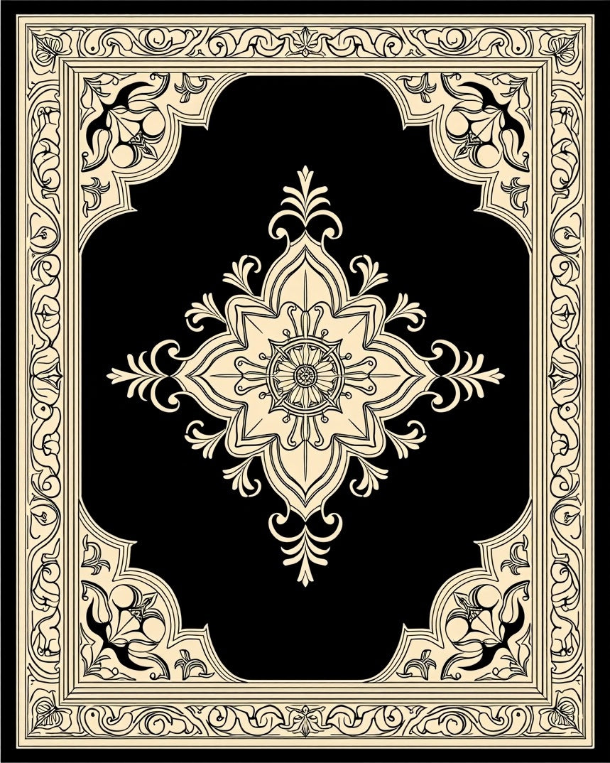Ornate Floral Mandala Cream on Black Rug