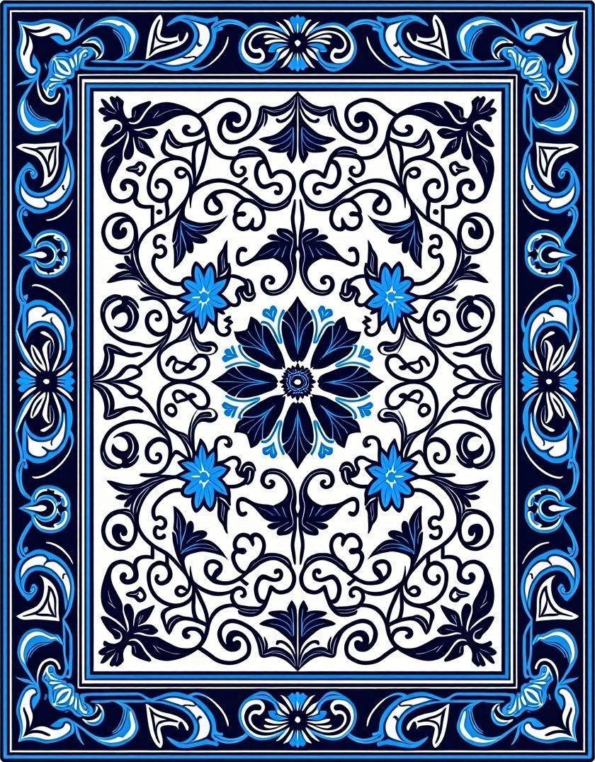 Elegant Blue Floral Intricate Ornament Rug