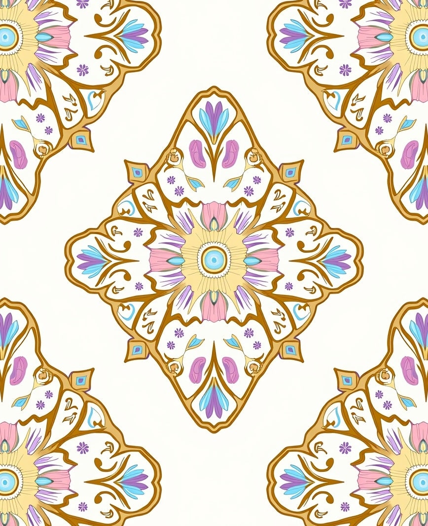 Ornate Floral Patterned Gold Accented Rug