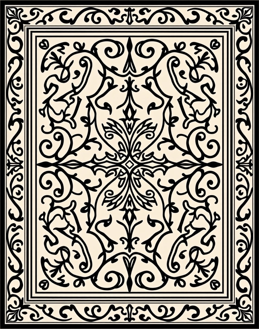 Cream Black Ornate Floral Medallion Rug