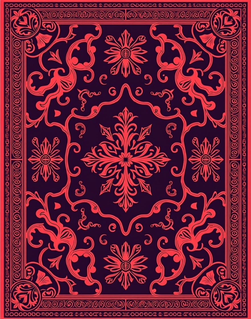 Ornate Red Floral Scrollwork Rug