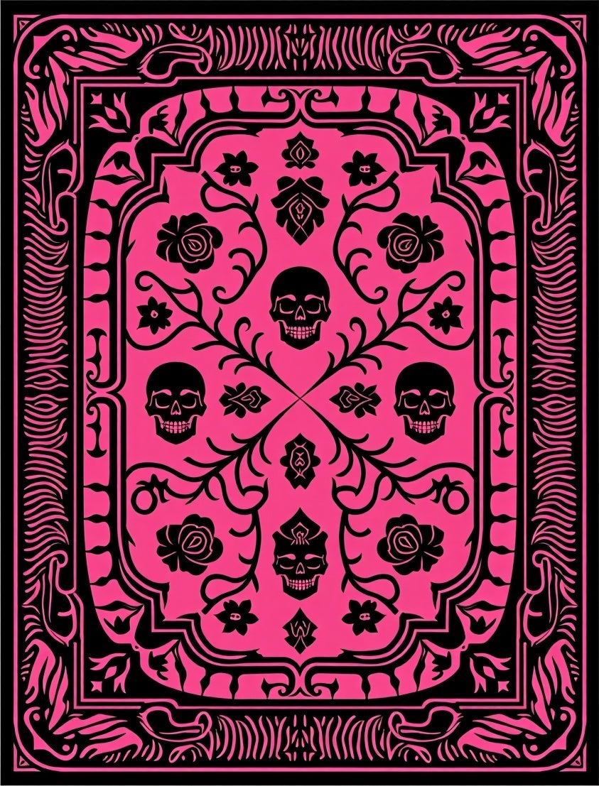 Hot Pink Skull Floral Medallion Rug