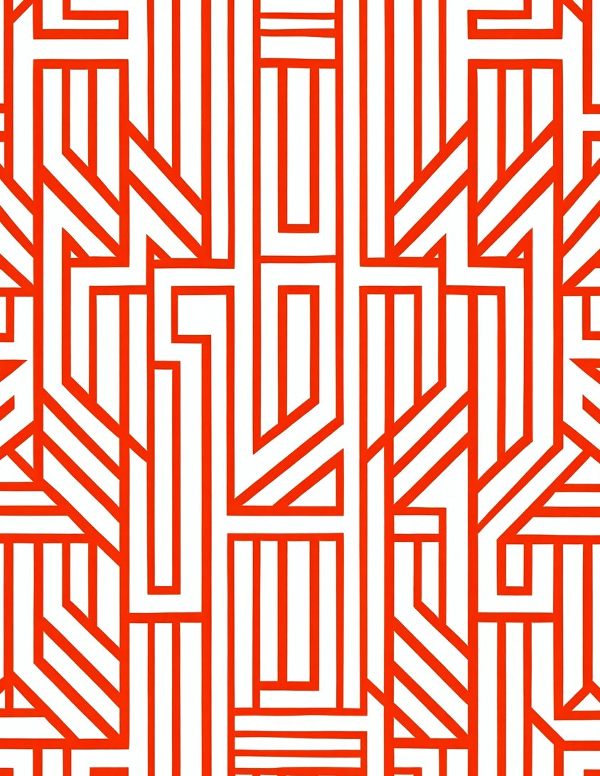 Red White Geometric Maze Pattern Rug