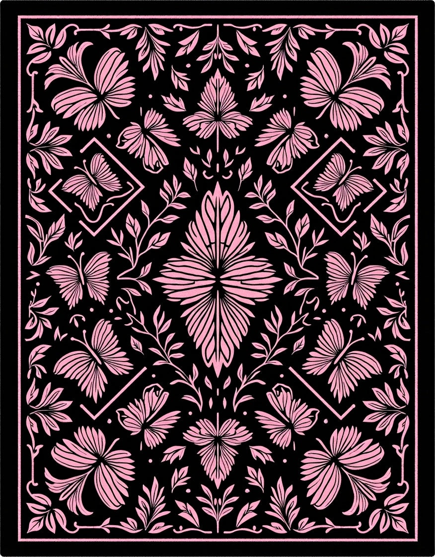 Pink Butterfly Floral Black Rug