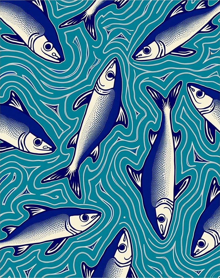 Blue Fish In Wavy Teal Water Pattern Rug
