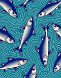 Blue Fish In Wavy Teal Water Pattern Rug