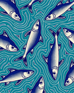 Blue Fish In Wavy Teal Water Pattern Rug
