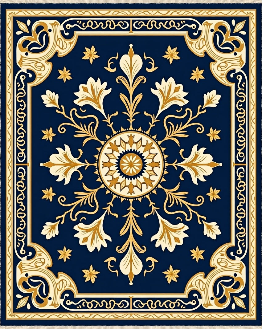 Ornate Gold Floral Patterned Rug