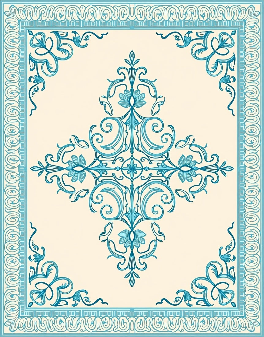 Ornate Teal Floral Border Design Rug