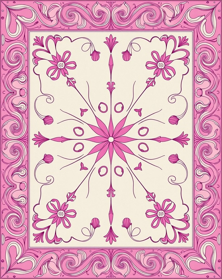Pink Floral Swirl Frame Rug