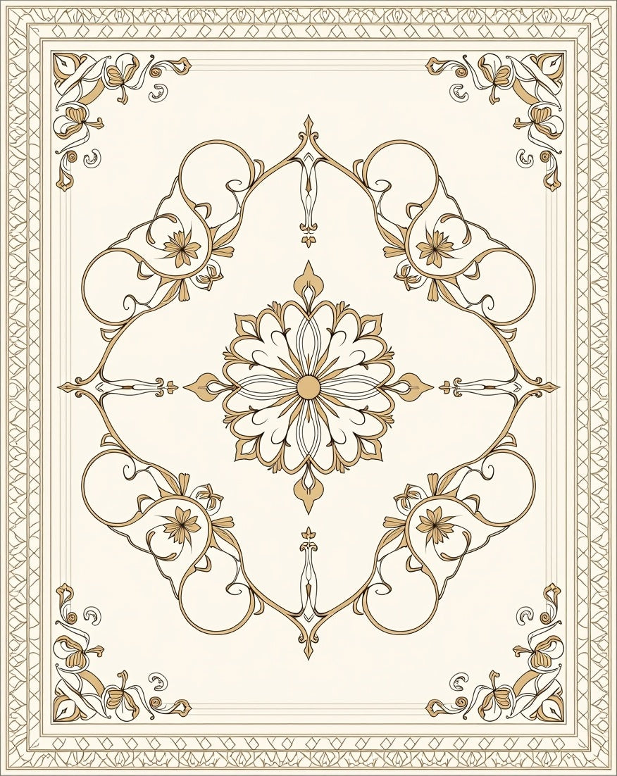 Elegant Golden Floral Scroll Pattern Rug