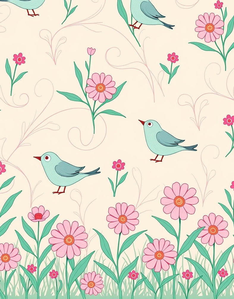 Whimsical Birds and Blooming Flowers Rug