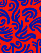 Curved Blue Shapes on Red Design Rug