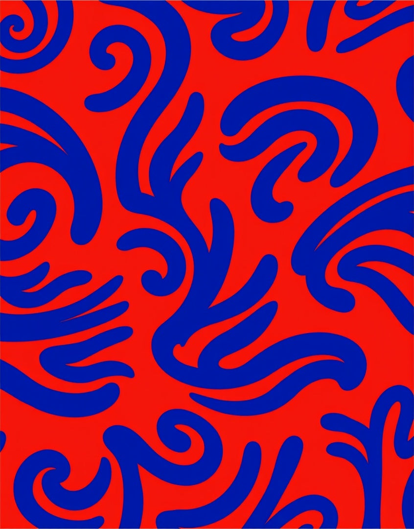 Curved Blue Shapes on Red Design Rug