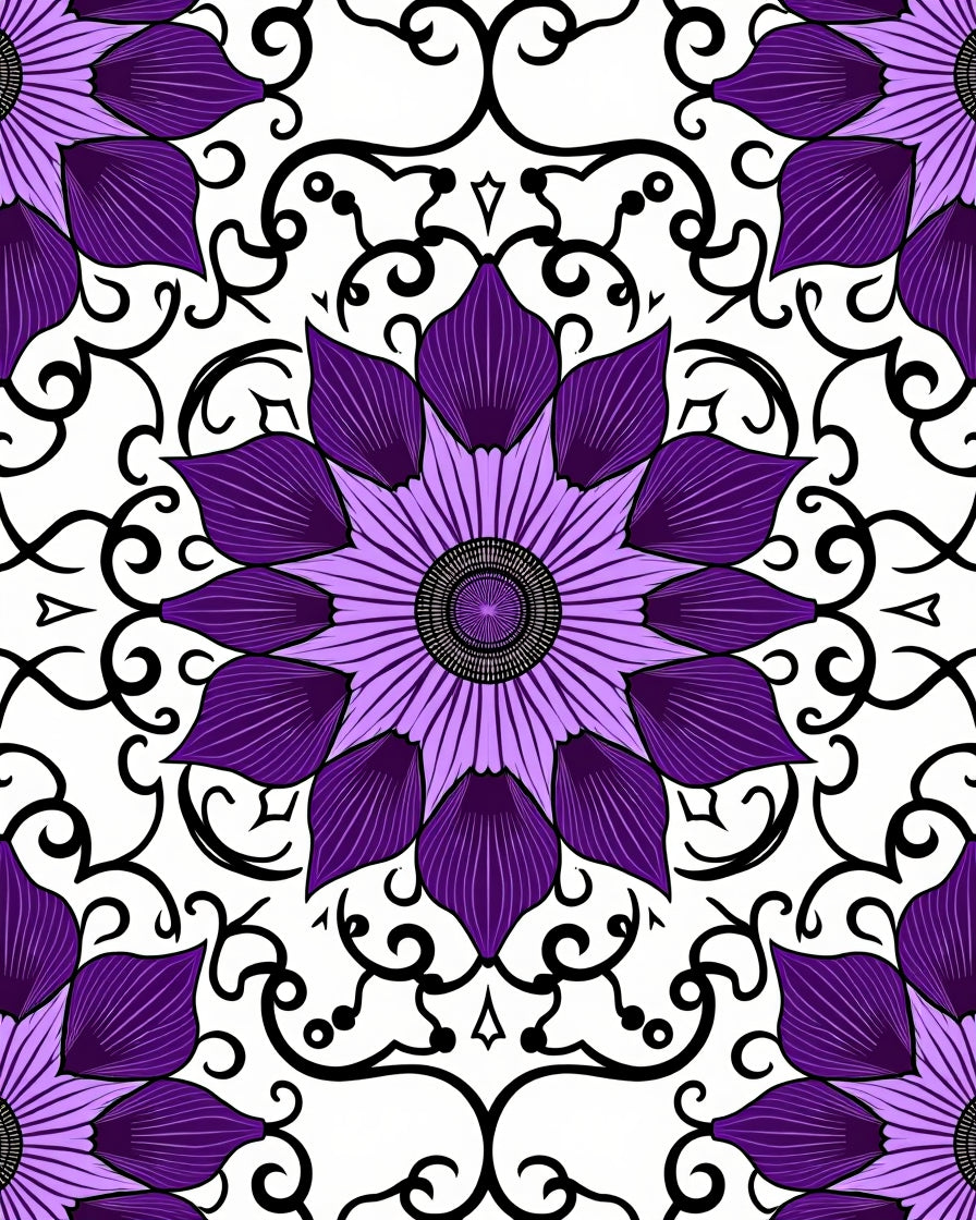 Purple Black Floral Symmetry Rug