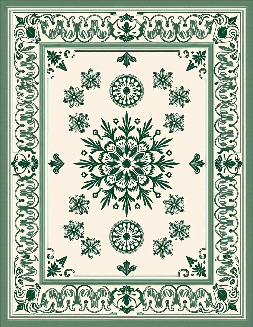 Elegant Green Floral Medallion Border Rug