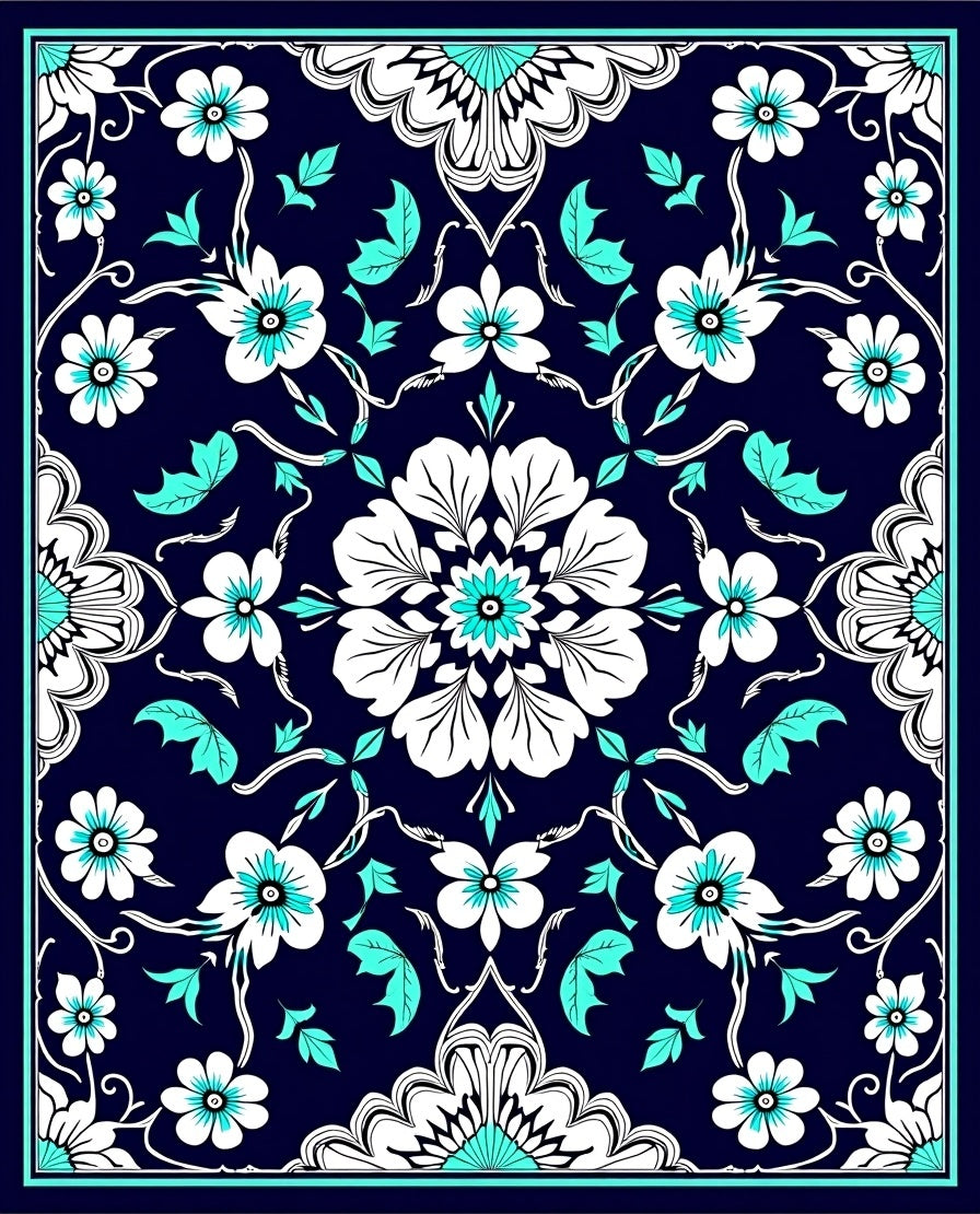 Navy Teal Floral Patterned Area Rug