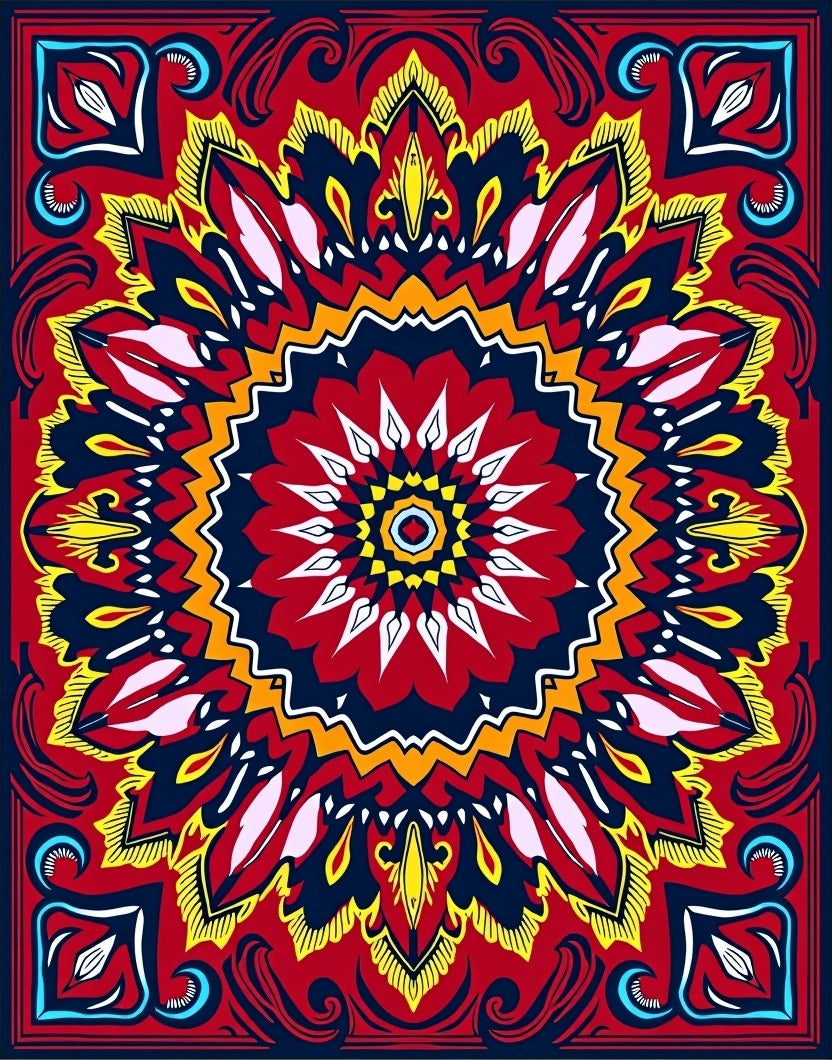 Vibrant Red Floral Mandala Pattern Rug
