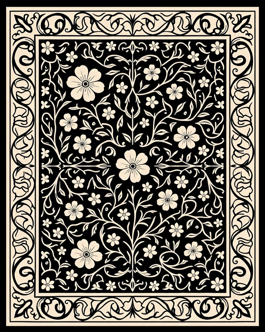 Black Floral Vine Scrollwork Pattern Rug