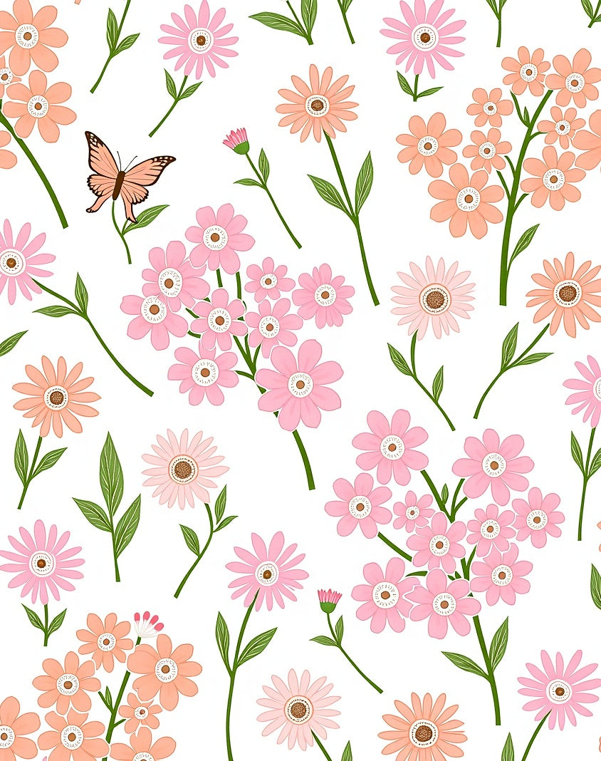 Pink Coral Daisy Butterfly Pattern Rug