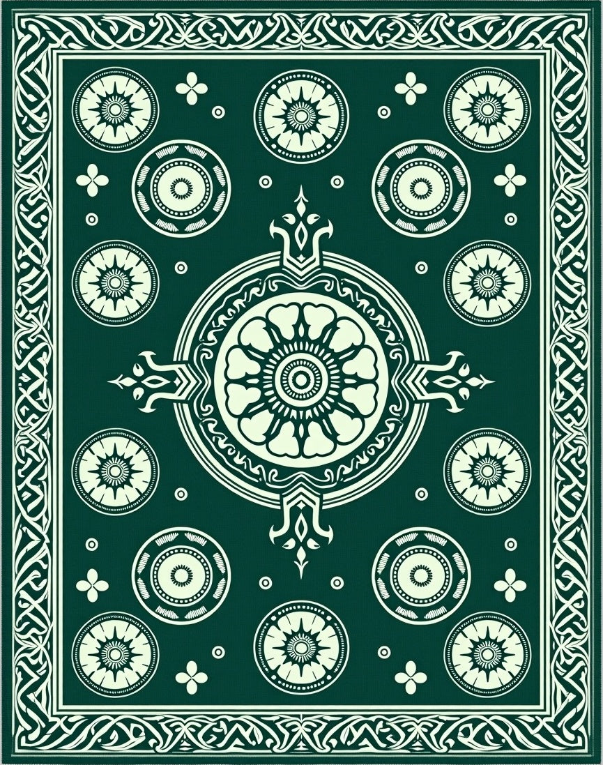 Emerald Ivory Mandala Circle Pattern Rug