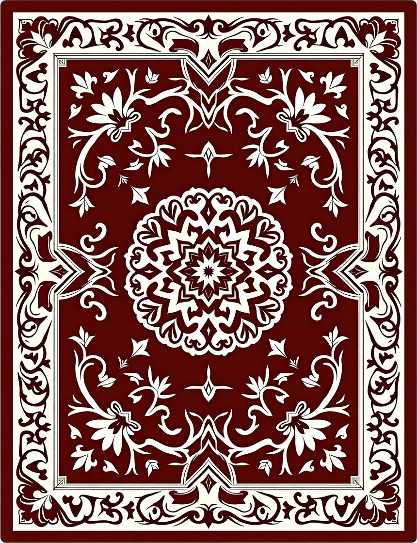 Deep Red Mandala Floral Border Design Rug