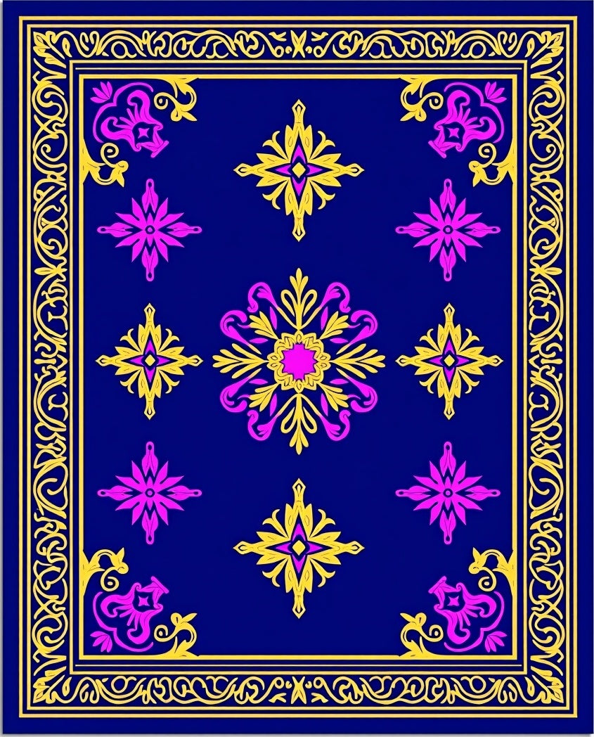 Cobalt Blue Gold Pink Medallion Border Rug