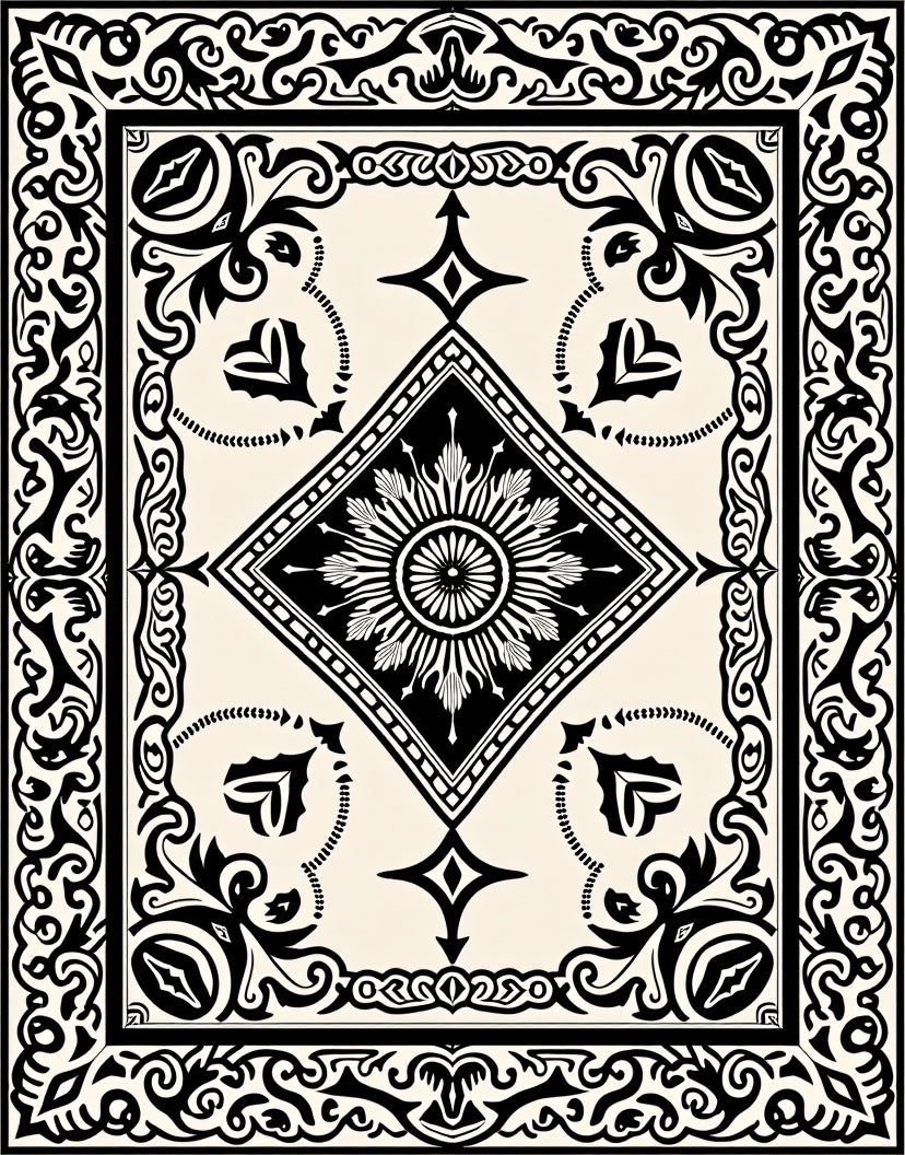 Ornate Black Cream Geometric Medallion Rug