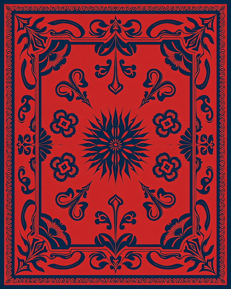 Floral Scrollwork Red Dark Blue Rug