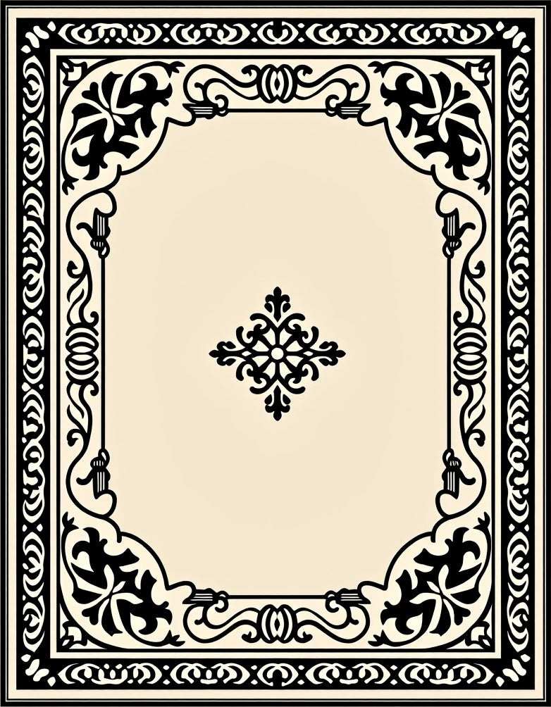 Ornate Black Floral Scrollwork Design Rug