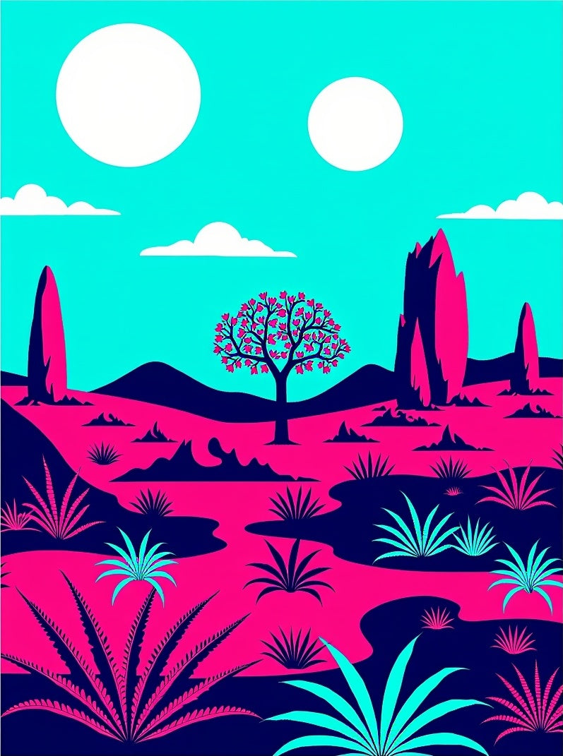 Bold Pink Blue Desert Landscape Rug