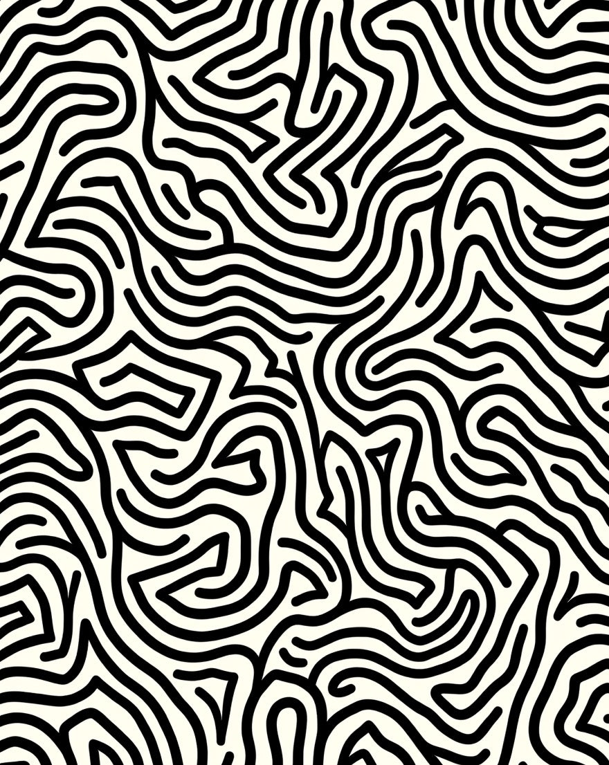 Bold Black Winding Maze Pattern Rug