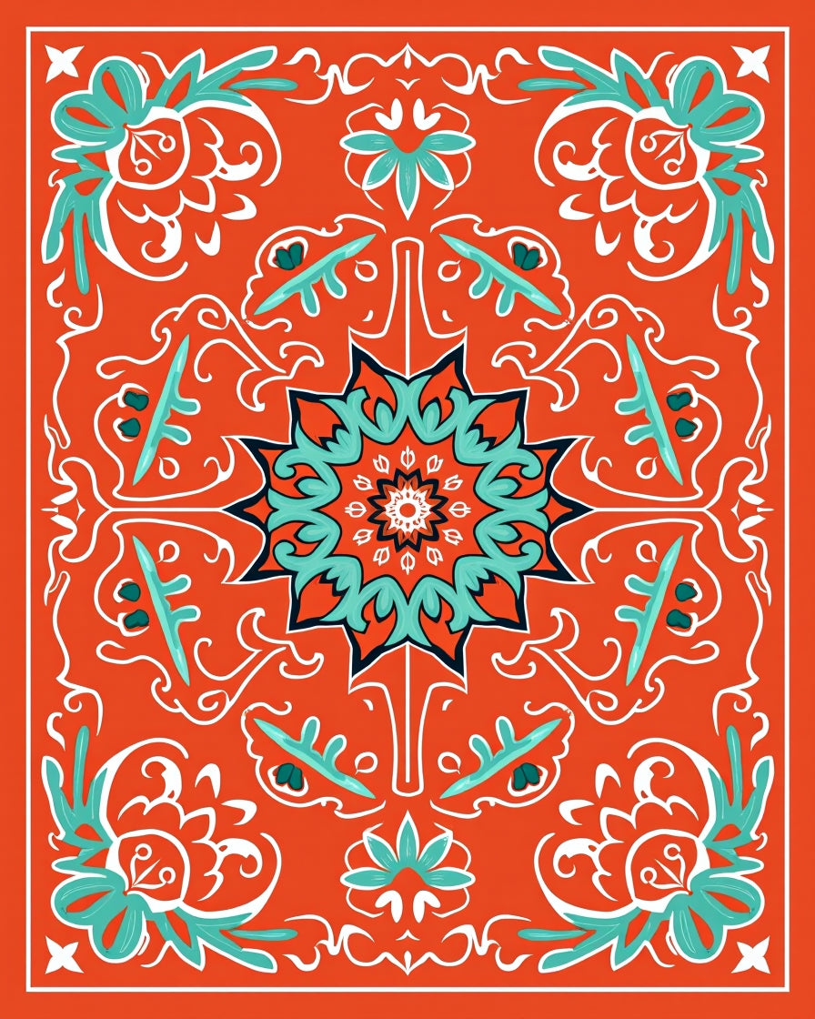 Orange Teal Floral Mandala Motif Rug