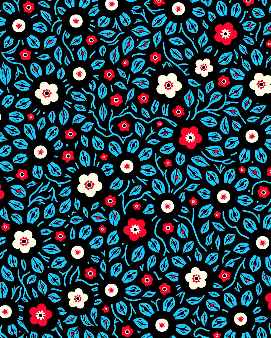 Bold Red White Flowers Aqua Leaves Rug