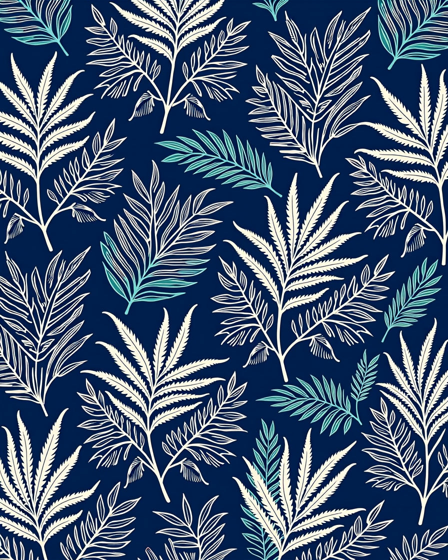 Navy Blue White Tropical Leaf Pattern Rug