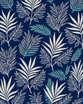 Navy Blue White Tropical Leaf Pattern Rug