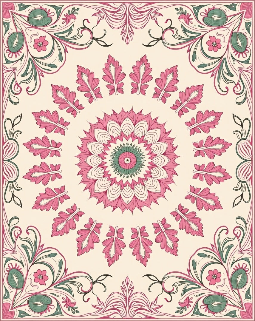 Pink Green Floral Medallion Rug Design Rug