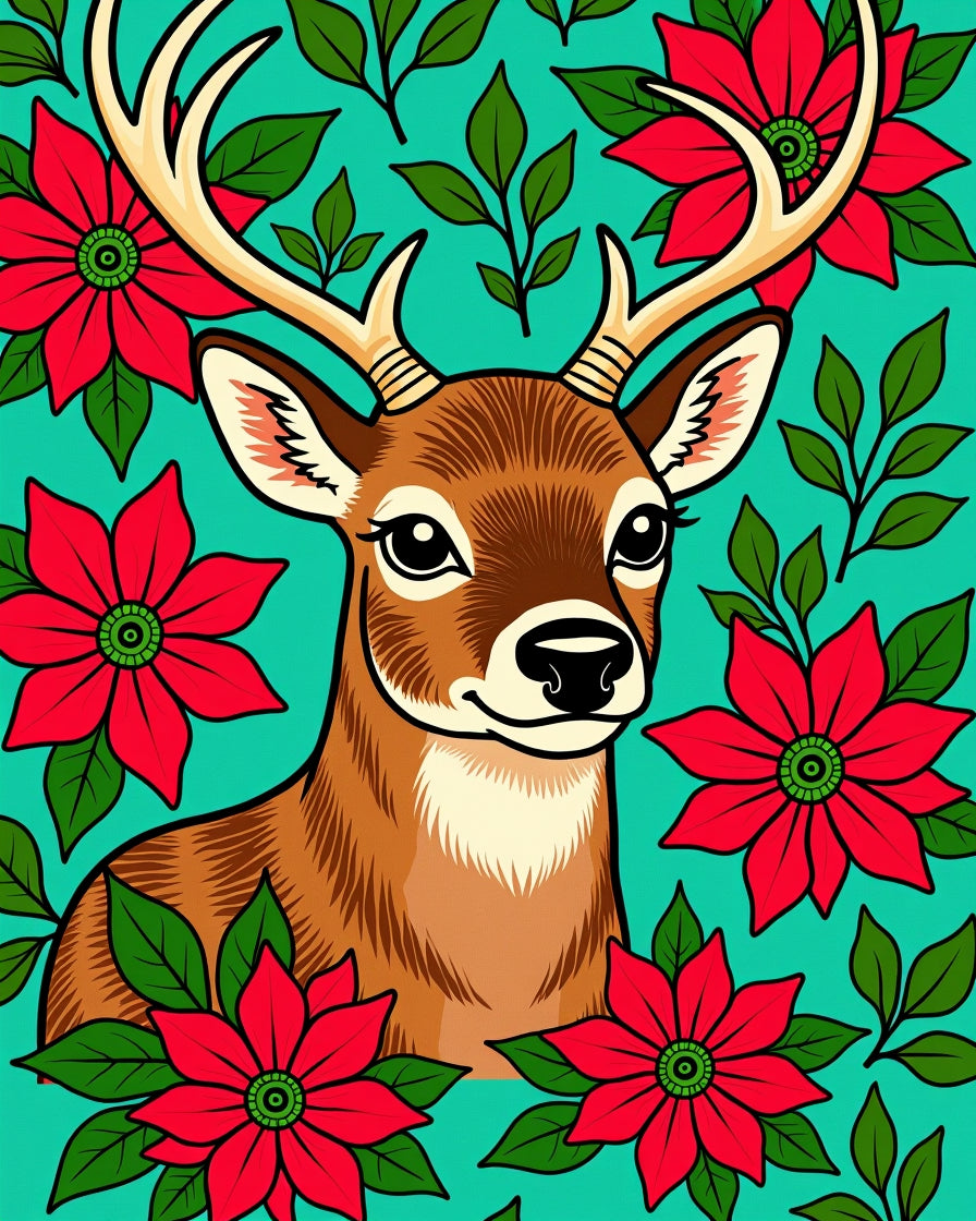 Holiday Deer Red Poinsettia Teal Rug