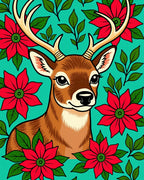 Holiday Deer Red Poinsettia Teal Rug