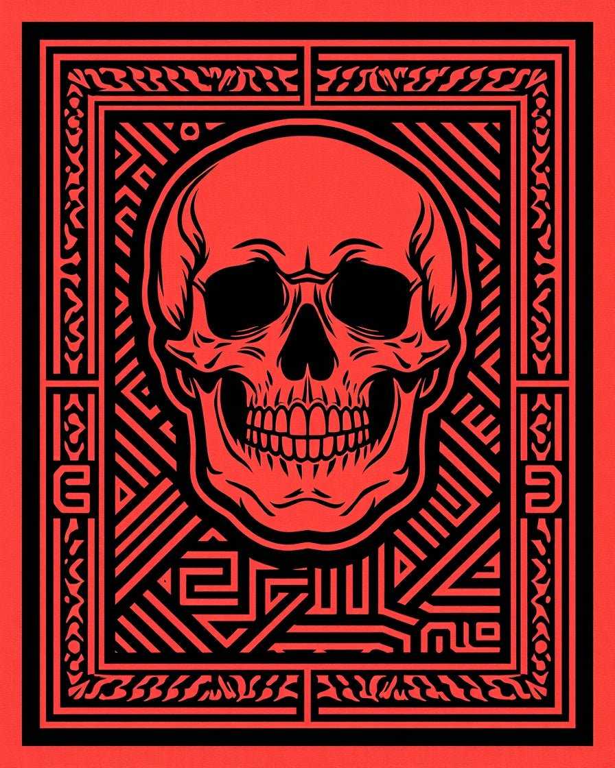 Bold Red Skull Geometric Pattern Rug