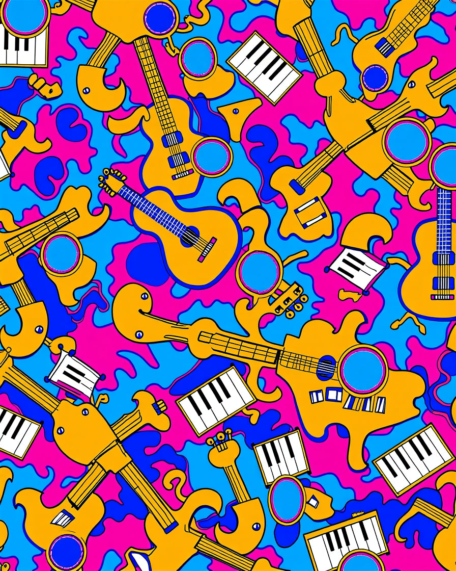Abstract Musical Guitars and Keyboards Pattern Rug