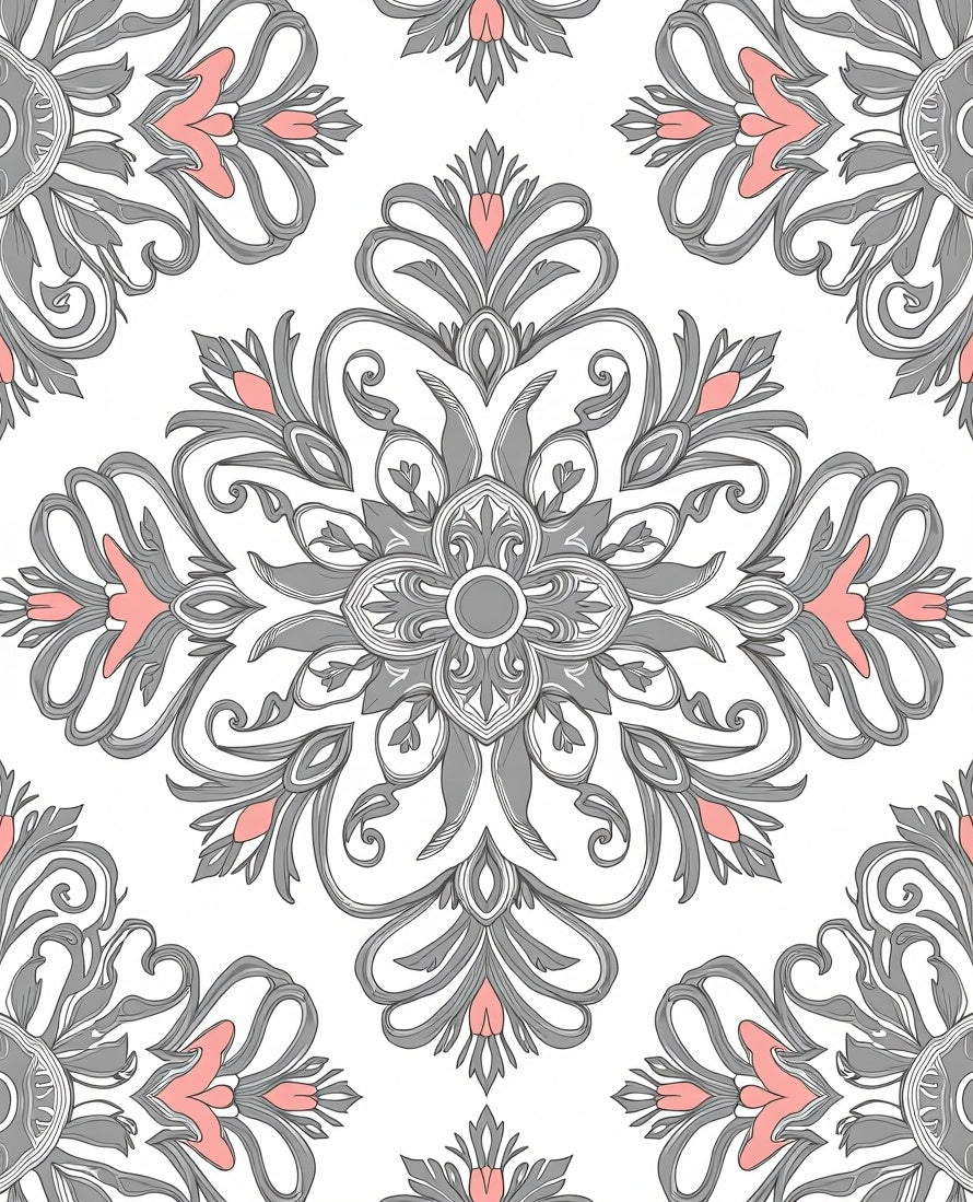 Ornate Gray and Coral Floral Medallion Rug