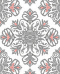Ornate Gray and Coral Floral Medallion Rug