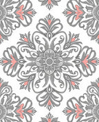 Ornate Gray and Coral Floral Medallion Rug