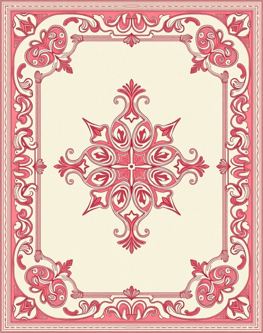 Ornate Pink Scrollwork Floral Design Rug