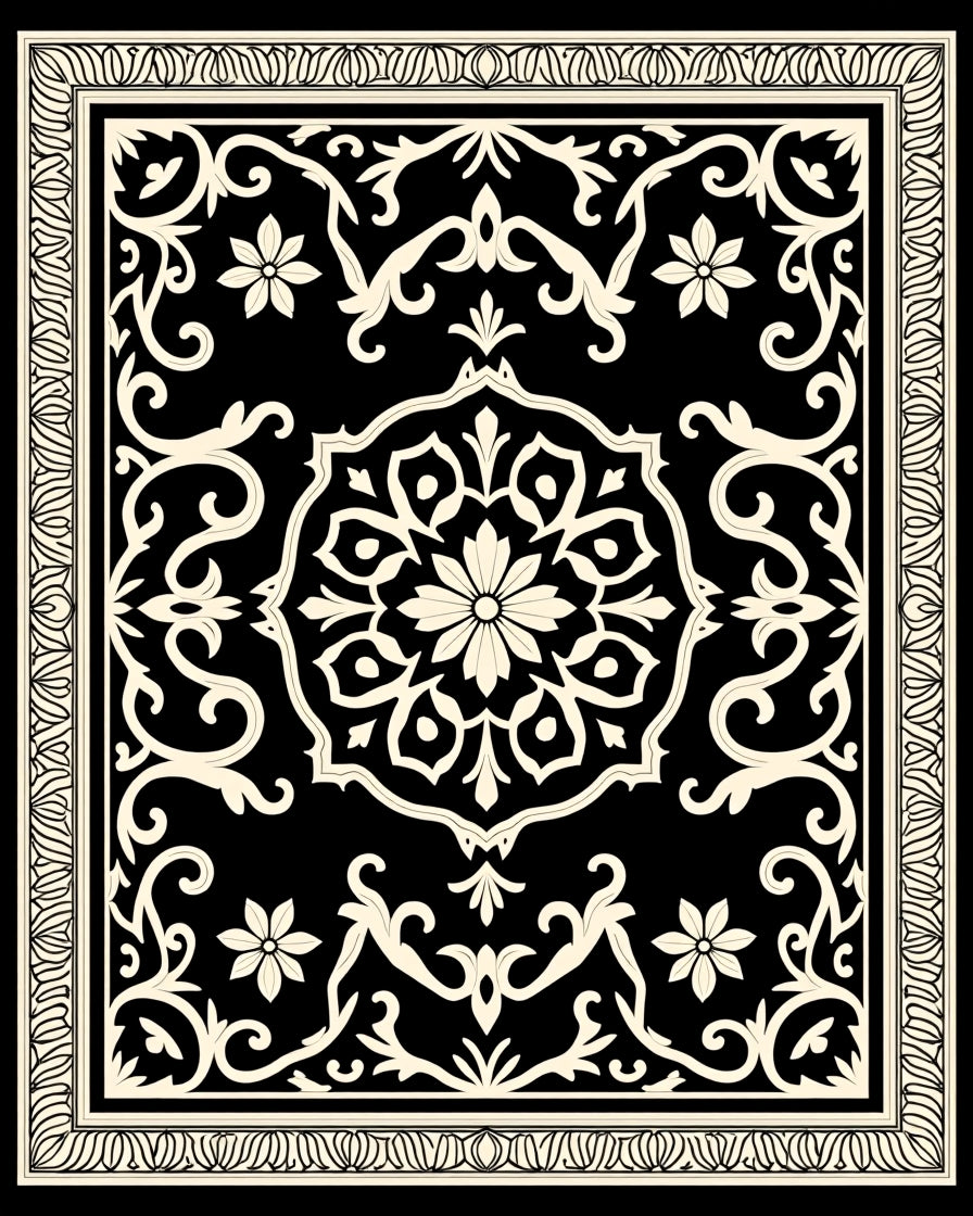 Classic Black Floral Medallion Design Rug