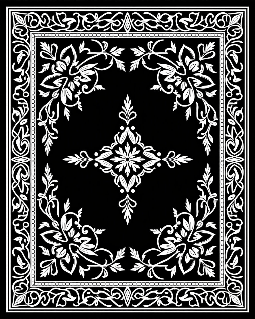 Ornate Floral Scrollwork Black and White Rug