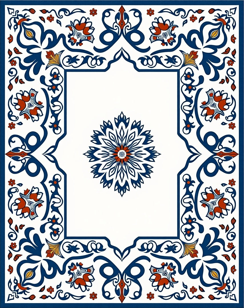 Ornate Blue Red Floral Mandala Rug